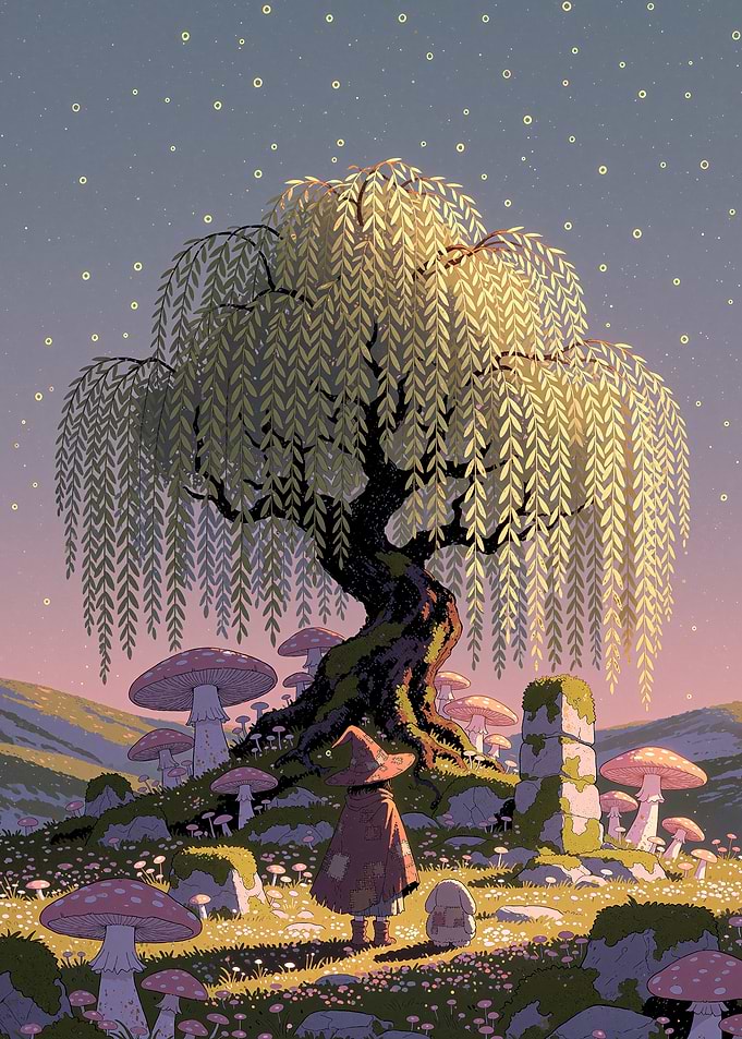 Witch and Bunny Under Willow Tree