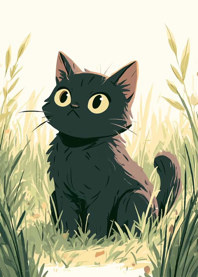 Cute Black Cat in Tall Grass