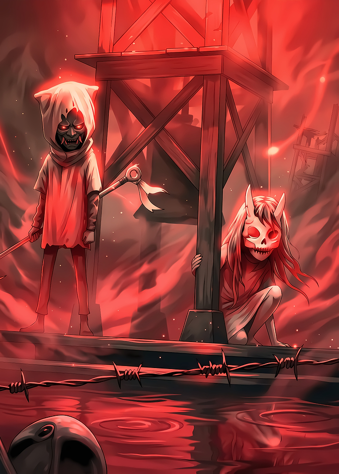 Eerie Oni Mask Children in Red