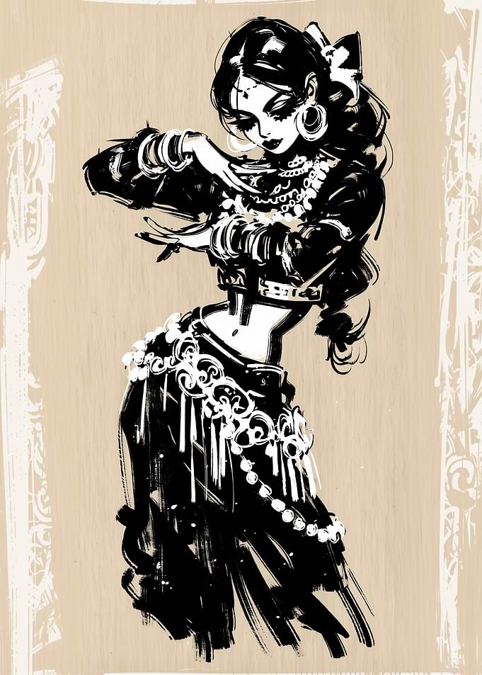 Ink Wash Indian Dancer Illustration