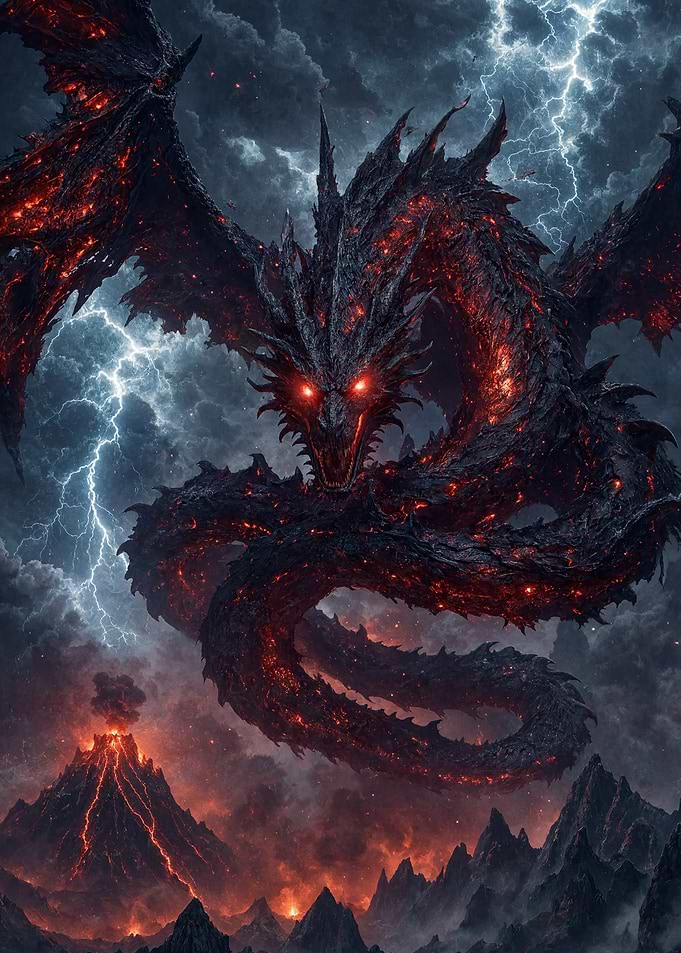 Fiery Black Dragon in Stormy Skies