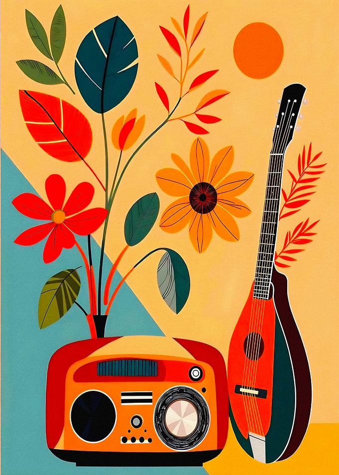 Retro Radio and Mandolin Floral Art