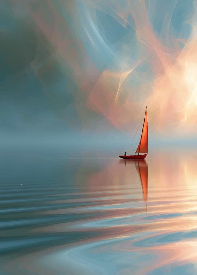 Red Sailboat on Calm Water