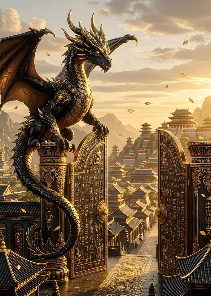 Majestic Dragon Guarding Ancient Temple Gates