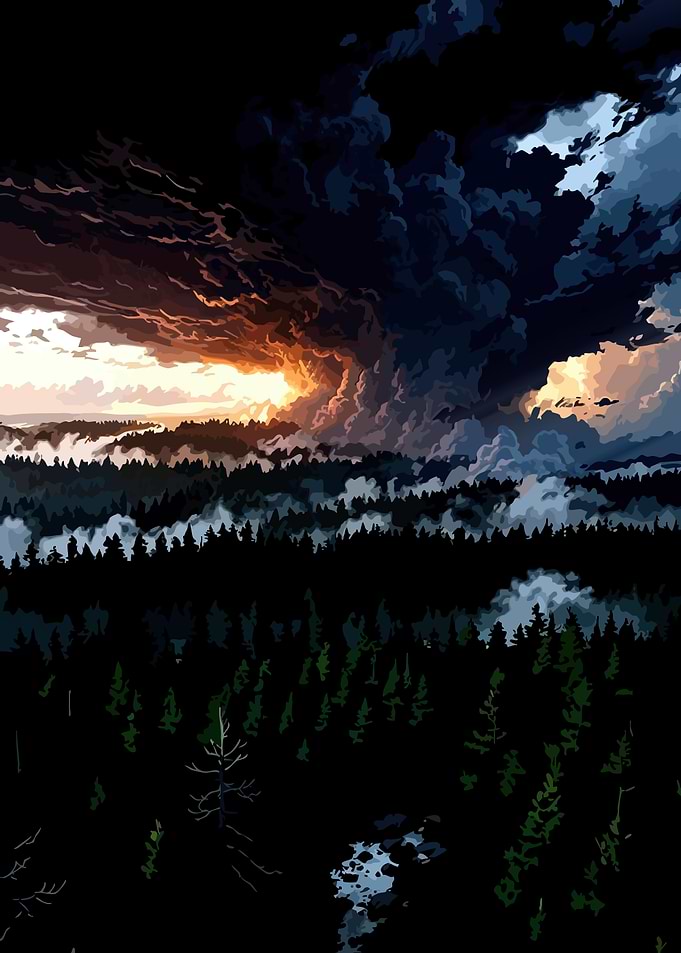 Dramatic Storm Over Dark Forest