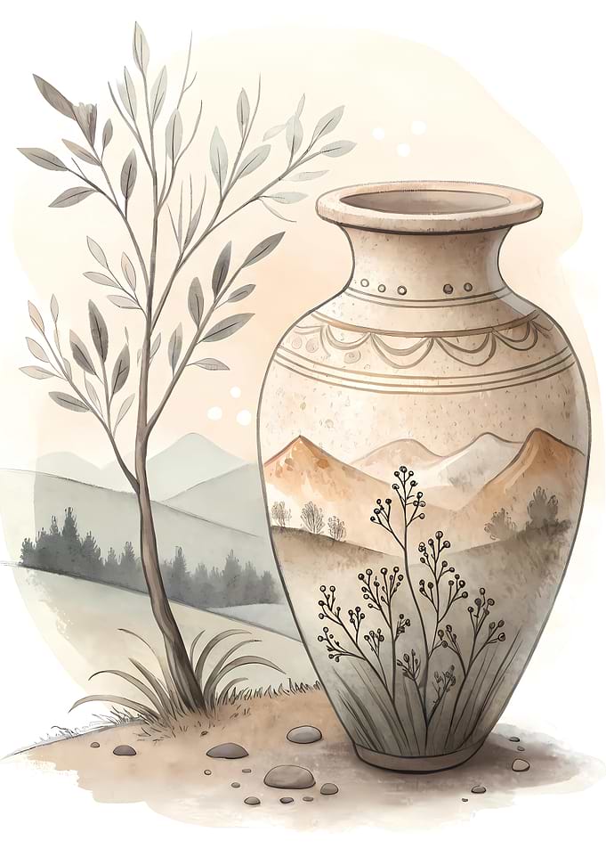 Watercolor Vase with Landscape Illustration