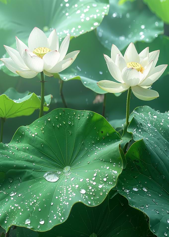 Two White Lotus Flowers with Dew
