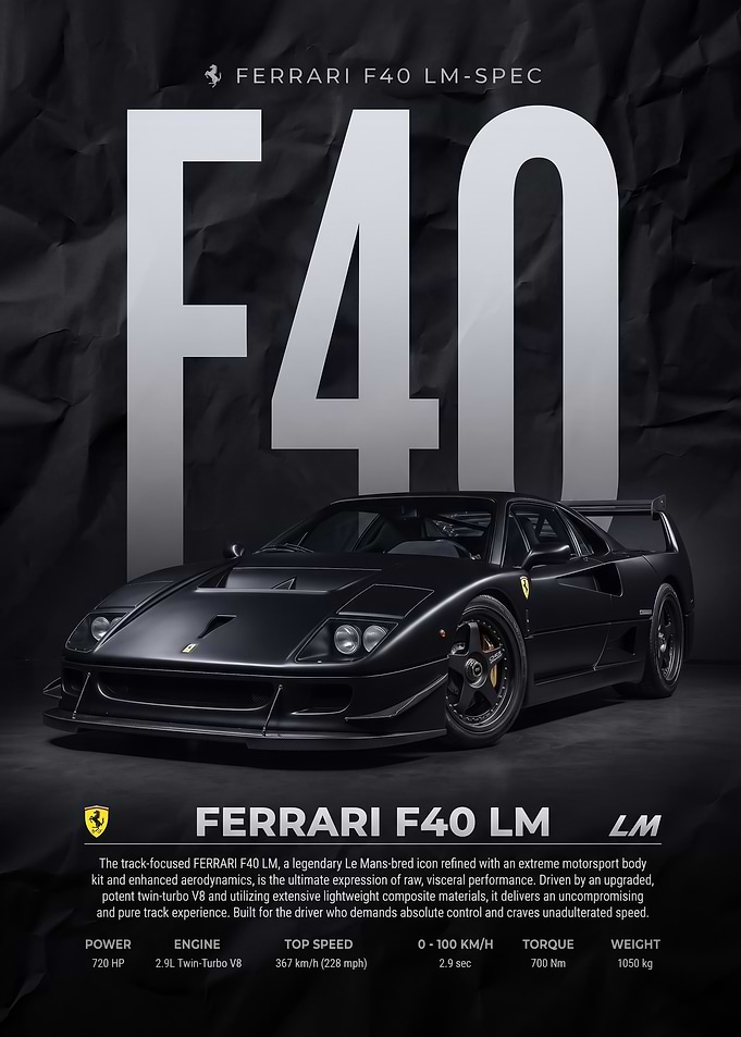 black sleek Ferrari F40 LM Spec car Poster