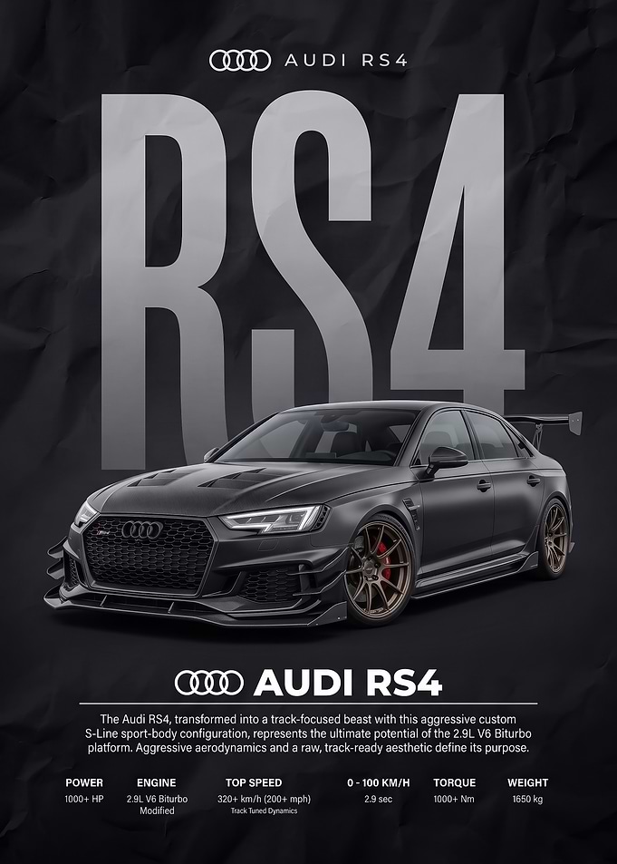 black sleek Audi RS4 Track Focused car Poster