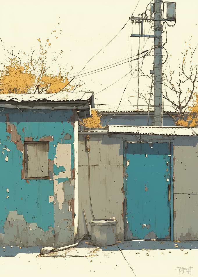 Weathered Blue Shed in Autumn