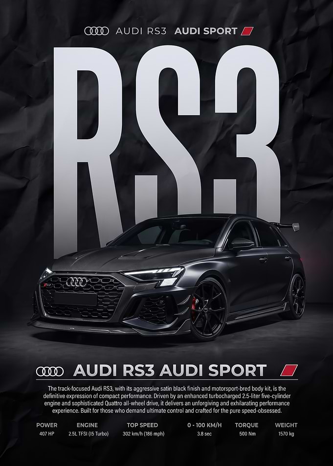 black sleek Audi RS3 Sport Performance Poster