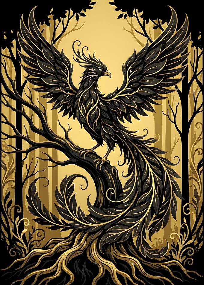 Majestic Black and Gold Phoenix