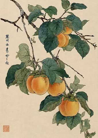 Traditional Japanese Persimmon Branch Painting