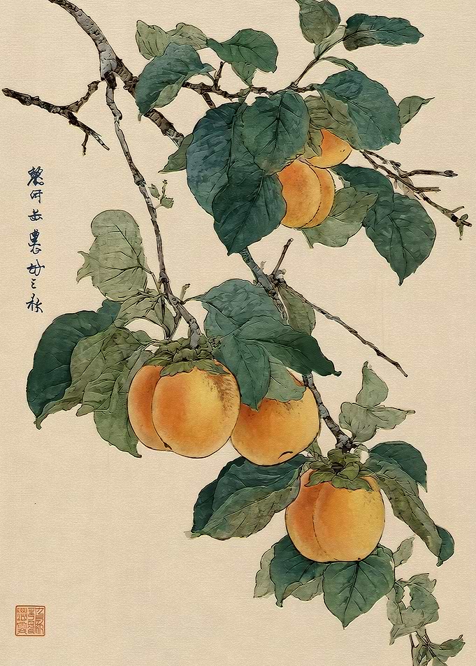 Traditional Japanese Persimmon Branch Painting