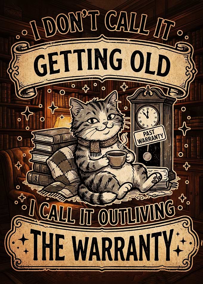 Funny Cat Outliving The Warranty Poster