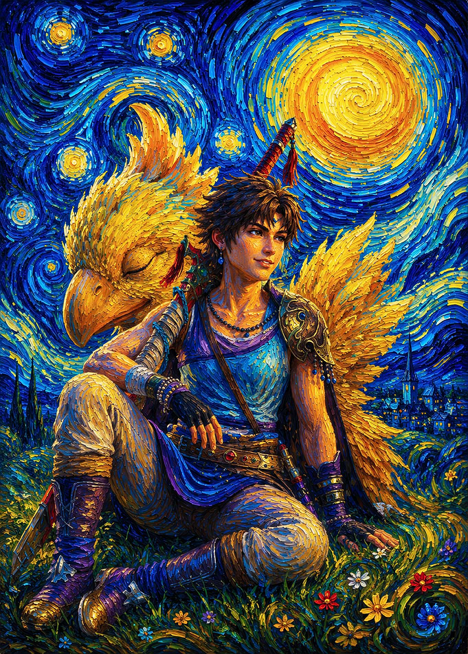 Final Fantasy Hero and Chocobo Painting