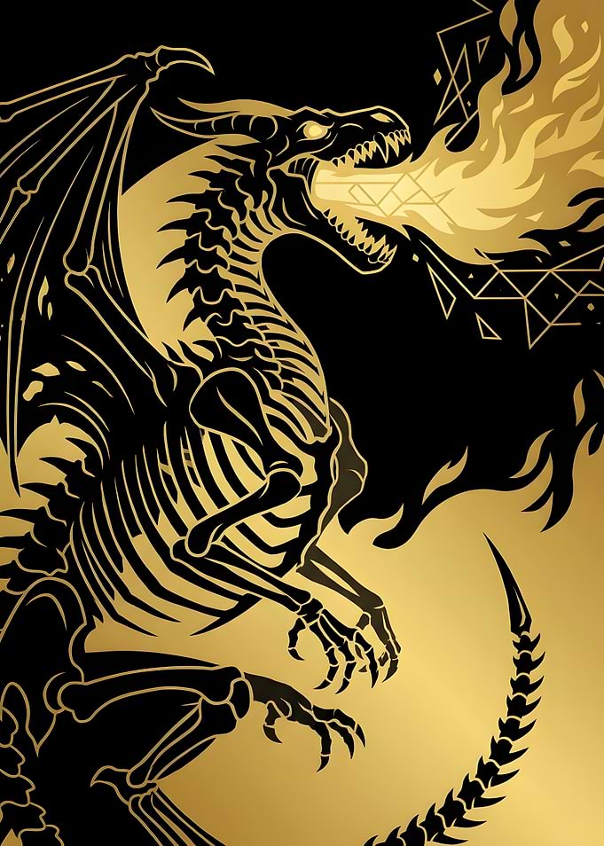 Golden Skeletal Dragon Breathing Fire