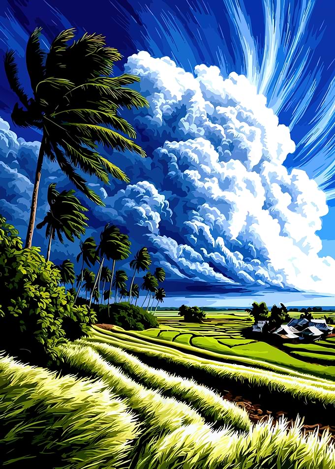 Tropical Rice Fields Under Stormy Skies