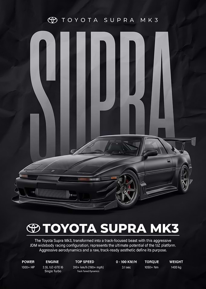 black sleek Toyota Supra Mk3 JDM Poster