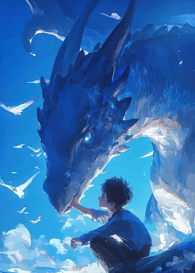 Boy Touching Blue Dragon's Snout