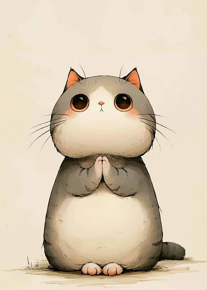Cute Praying Round Cat Illustration