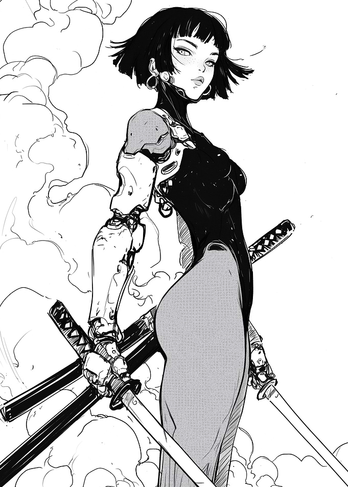 Cybernetic Female Samurai Manga Illustration