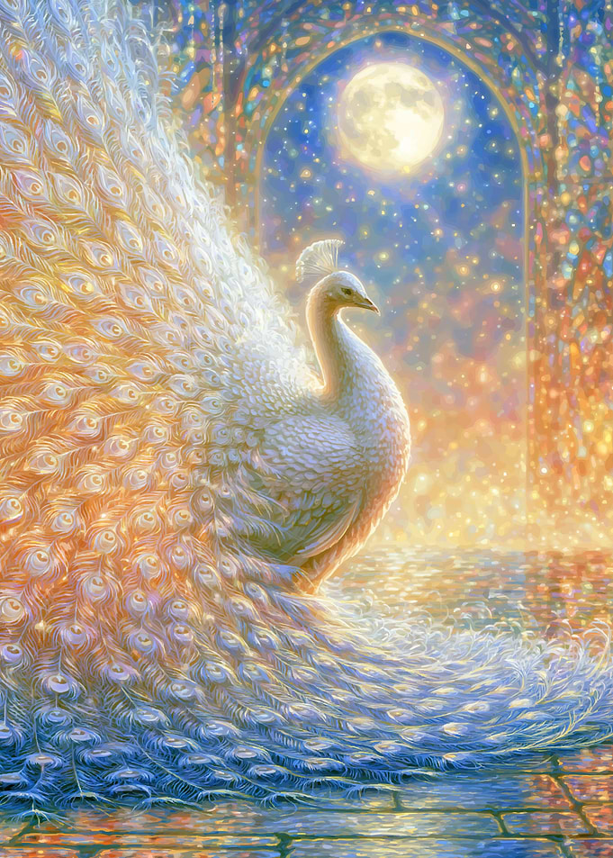 Ethereal White Peacock Under Moonlight