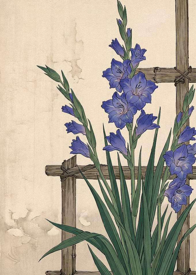 Blue Gladiolus Flower Japanese Art