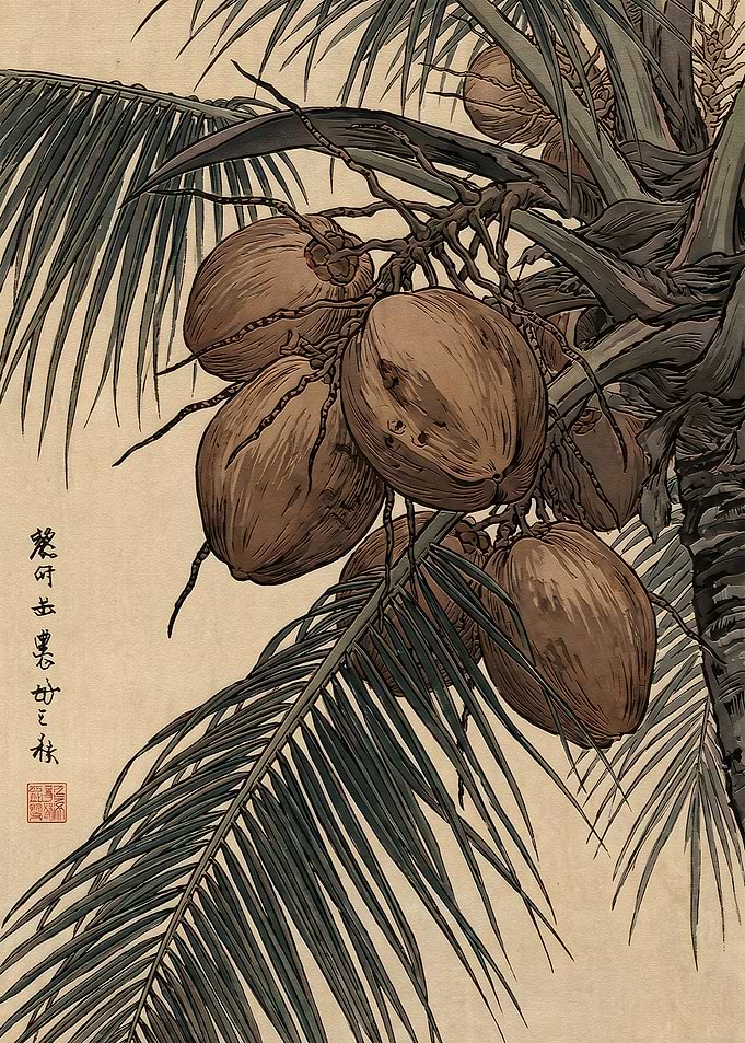 Vintage Japanese Style Coconut Tree Illustration