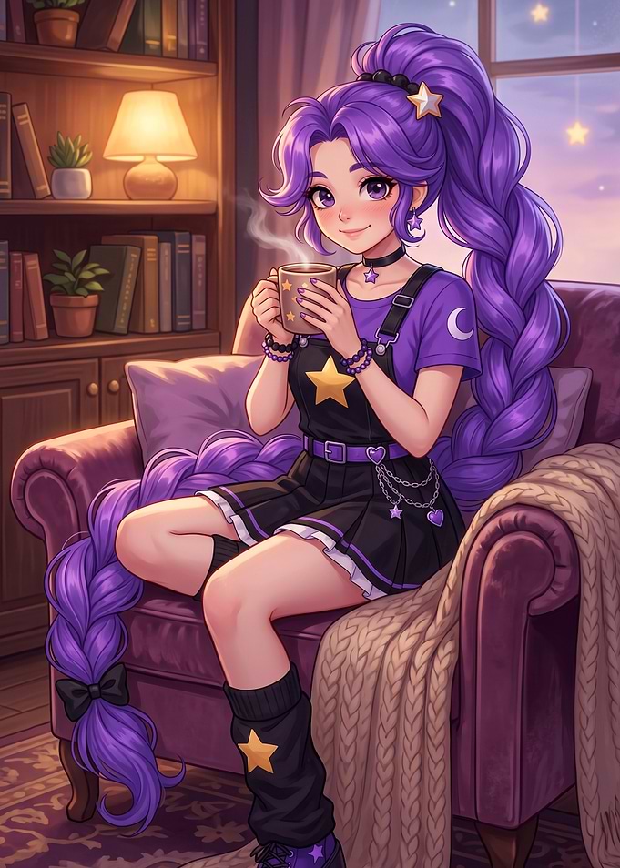 Cozy Anime Girl with Purple Hair