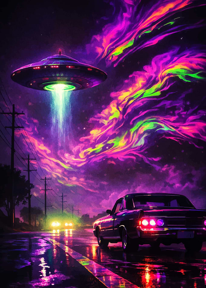 UFO Abduction Over Neon Road