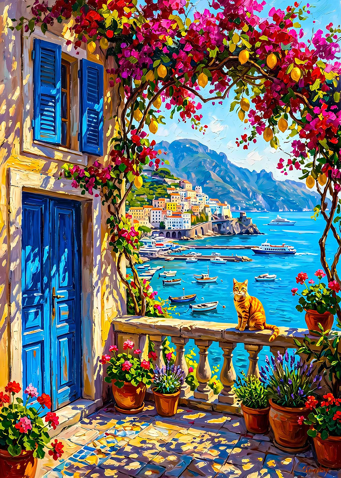 Coastal Balcony with Cat and Flowers
