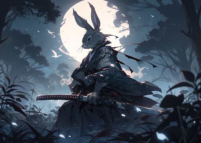 Rabbit Samurai Under Full Moon