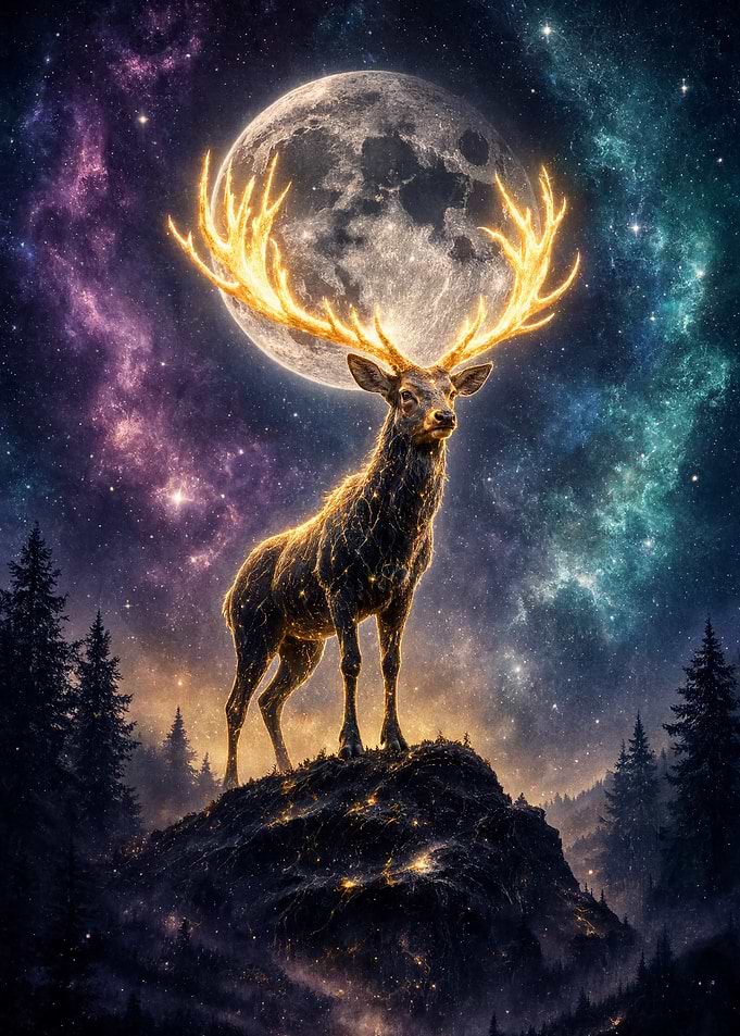 Celestial Stag Under Full Moon