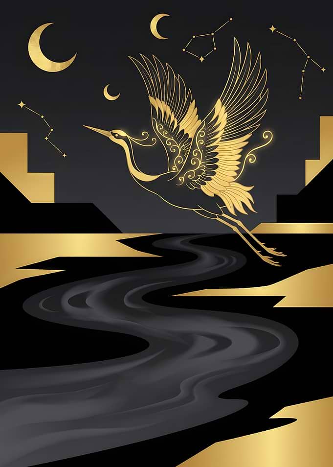 Golden Crane Flying Over Dark River