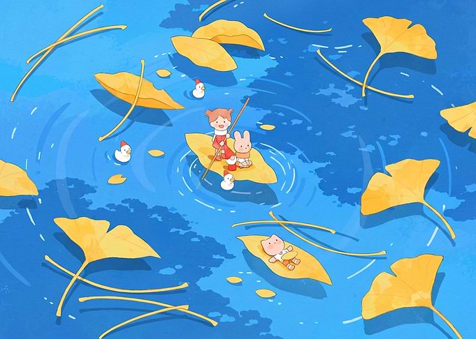 Cute Characters Floating on Ginkgo Leaves