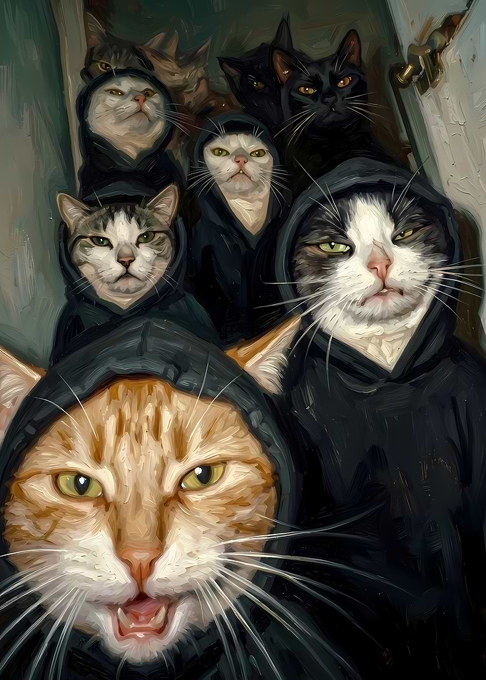 Group of Cats in Black Hoodies