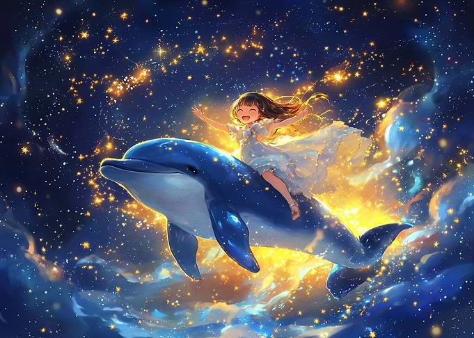 Girl Riding a Magical Star Dolphin