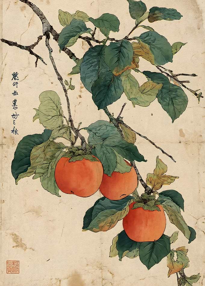 Traditional Japanese Persimmon Branch Painting