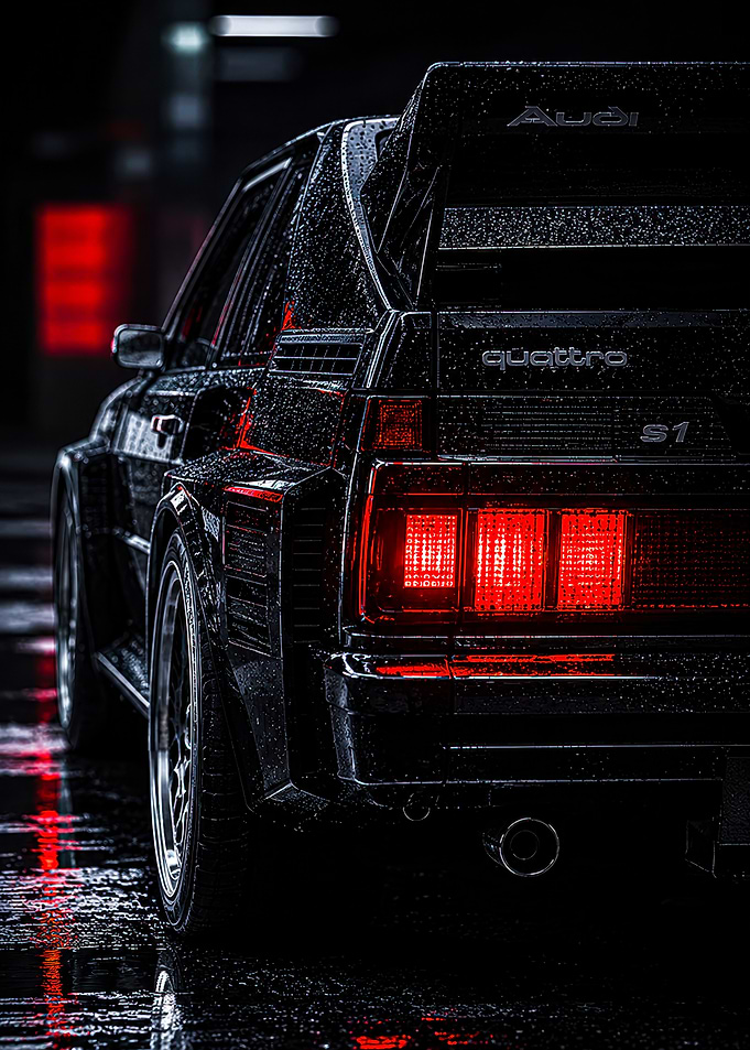Black Audi Quattro S1 at Night