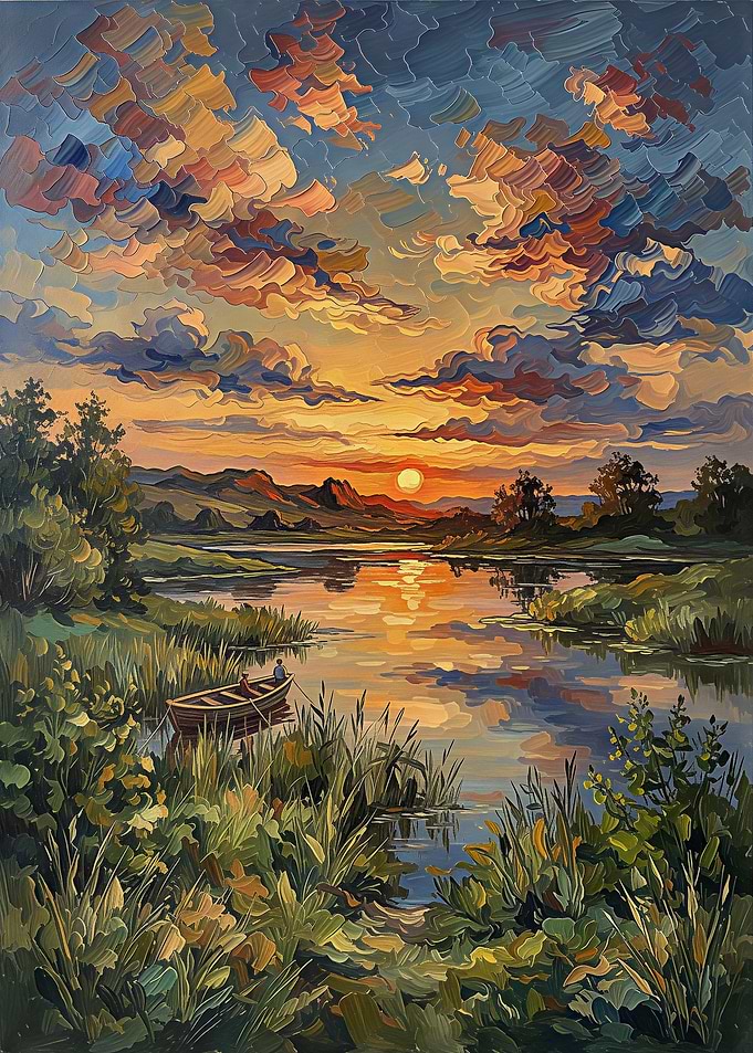Impressionist Sunset River Landscape Painting