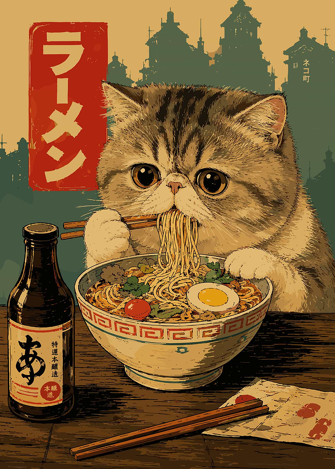 Exotic Shorthair Cat Eating Ramen Vintage Japanese Wall Art Poster