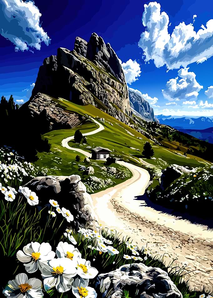 Mountain Path with White Flowers