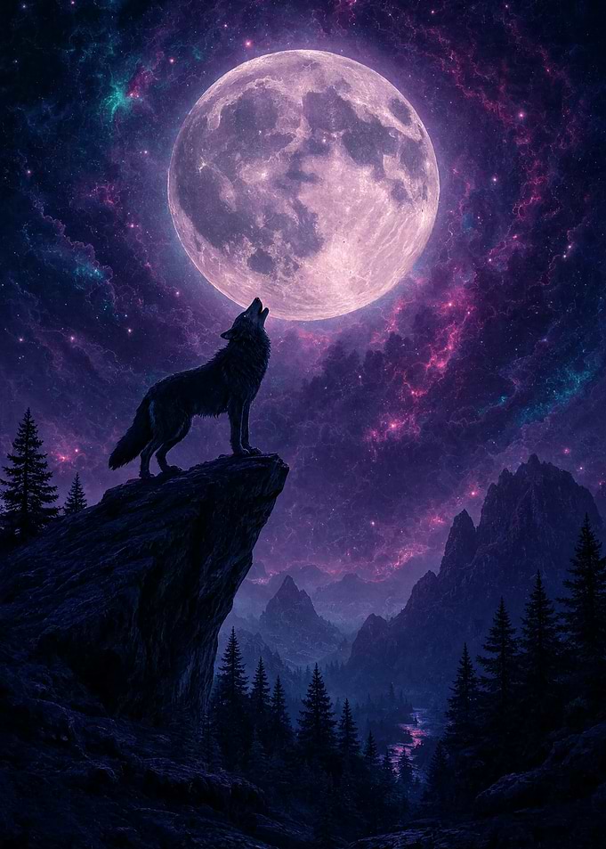 Wolf Howling at Purple Moon
