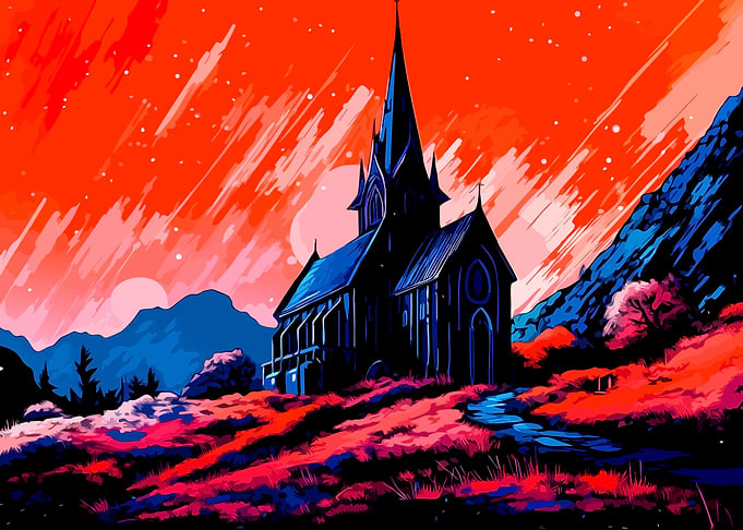 Gothic Church in Surreal Red Landscape