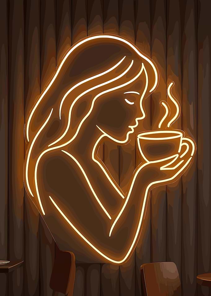 Woman Drinking Coffee Neon Sign