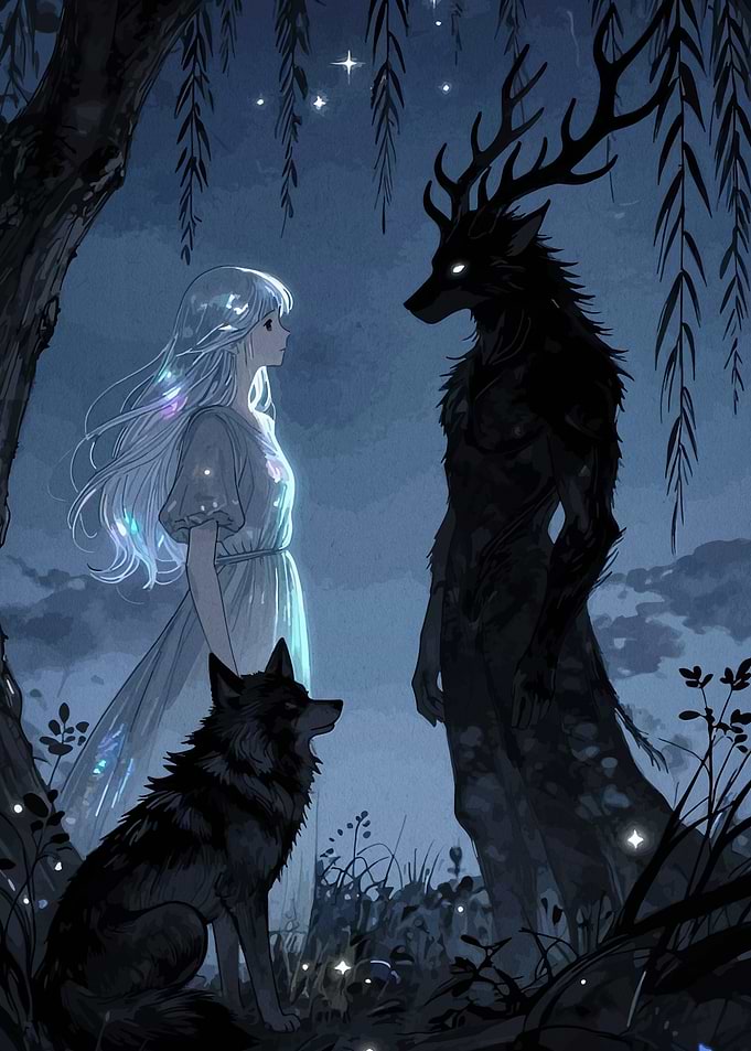 Girl and Forest Spirit Encounter