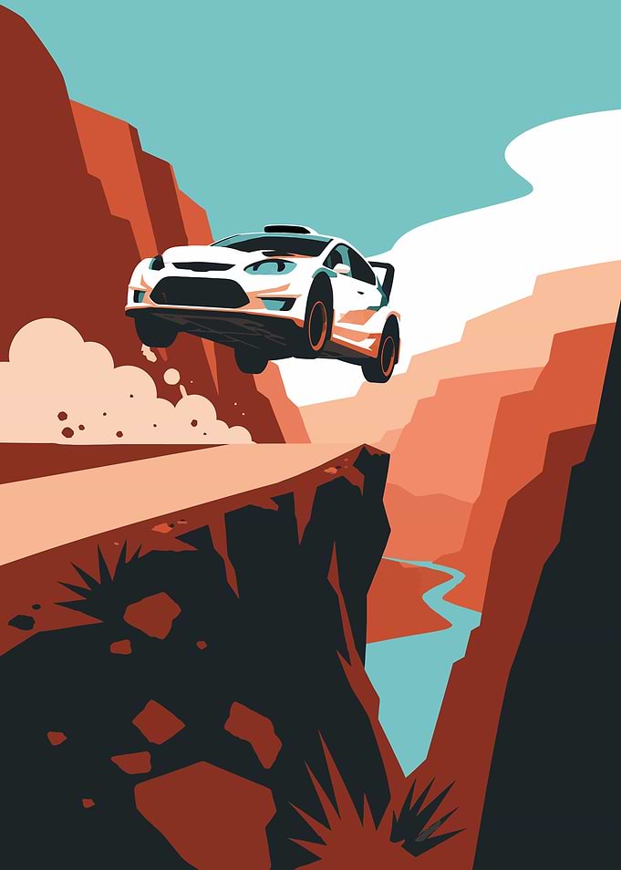Rally Car Jumping Over Canyon