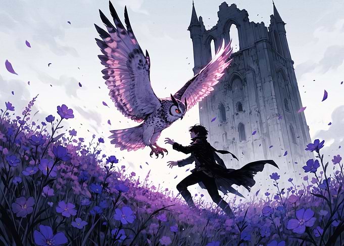 Fantasy Boy and Owl in Field