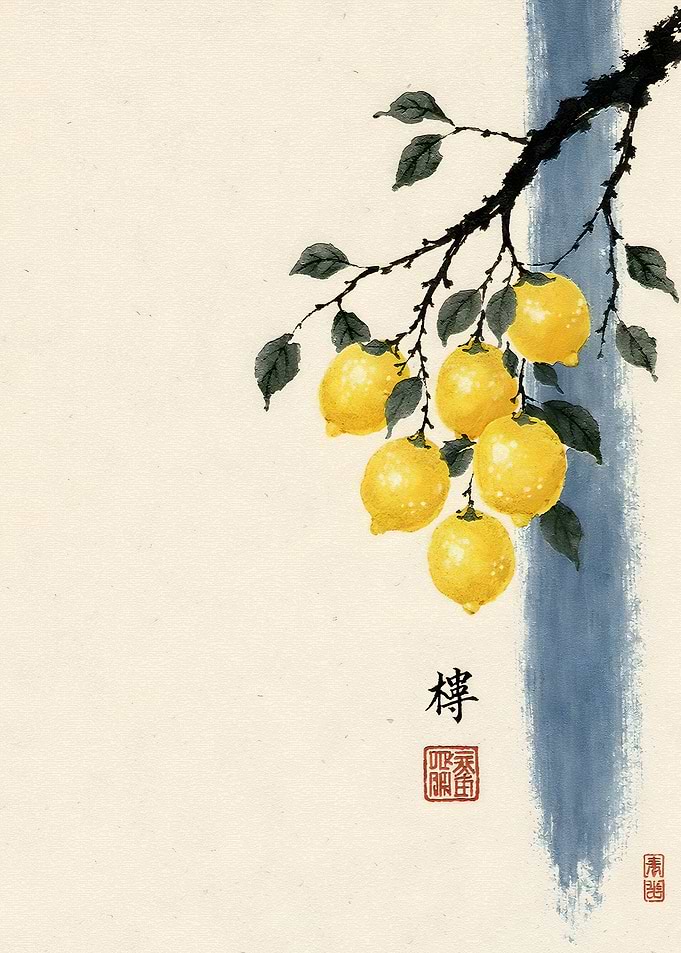 Traditional Ink Wash Lemon Branch Painting
